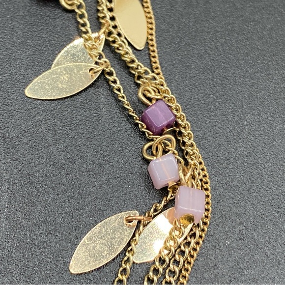 Pretty Dainty Multistrand Necklace with Gold Tone Leaves and Purple Square Beads - Picture 6 of 8
